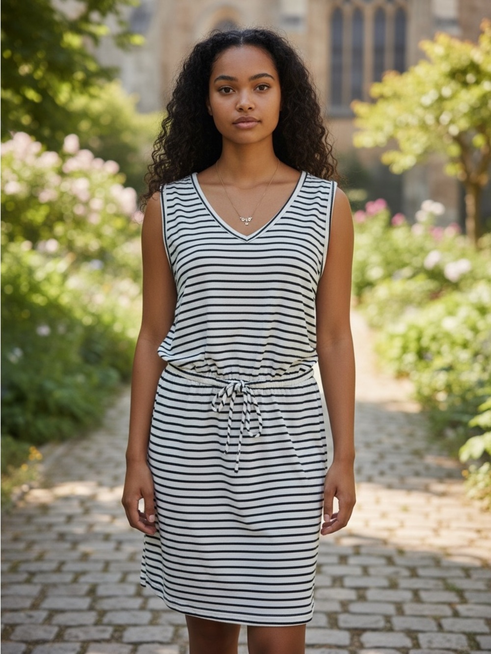 Sleeveless V-Neck Tie-Waist Mini Dress - Black & White Stripes